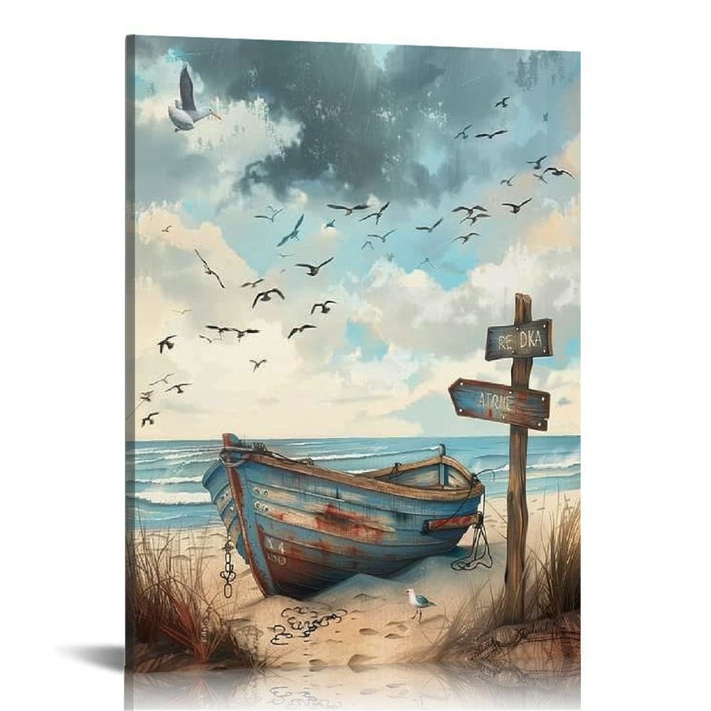Canvas Wall Art, Ocean Beach Boat Seagull Wall Decor Print Gift