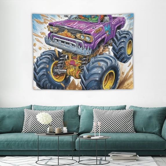ONETECH  Cars Tapestry, Cartoon Monster Truck Cool Vehicle Modified to the Perfection Colorful Design, Wide Wall Hanging for Bedroom Living Room Dorm, Aqua Green Black