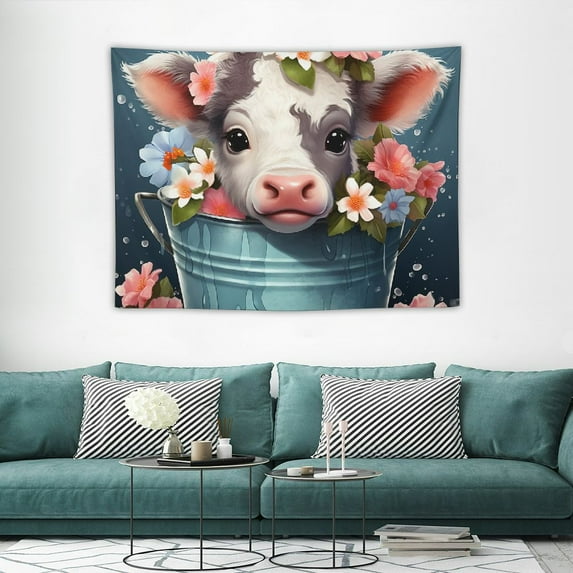 ONETECH Cartoon Highland Cattle Kids Tapestry,Sunflowers Daisy Dots Geometric Wall Tapestries,Boys Girls Adults Room Decor,Cute Cow Rustic Wall Hanging,Farmhouse Home Wall Decor,