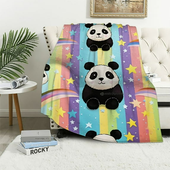 ONETECH Cartoon Panda Blanket Rainbow Throw Blanket Super Soft Cozy Plush Blanket for Bed Couch Chair Kids Youth Gift