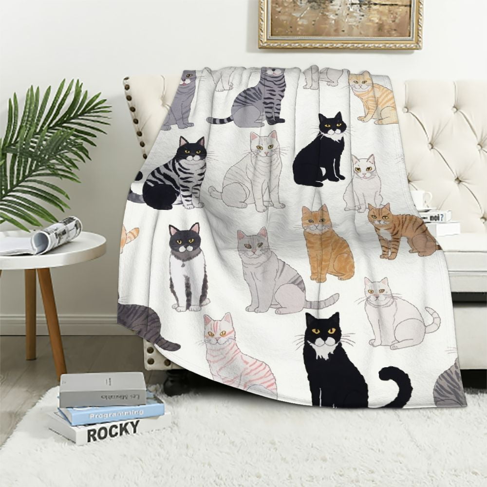 Cat Print Throw Blanket for Kids, Cute Cartoon Soft Cozy Fluffy