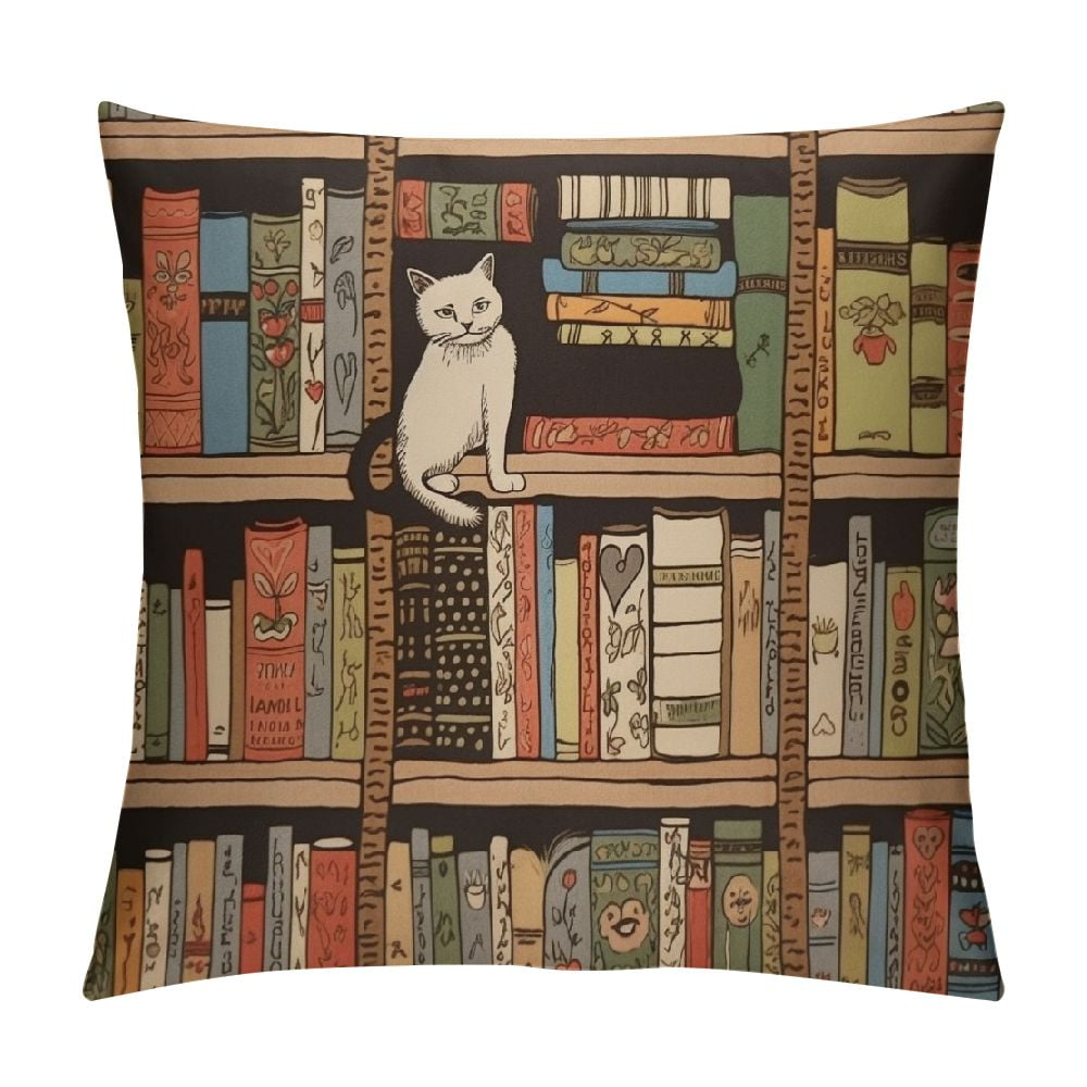 Beabes Throw Pillow Covers 2 Pack - Bookshelf With Sleeping Cat Design, 18x18 Inch, Hidden Zipper