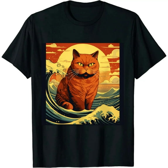 ONETECH Catzilla Vintage Funny Cute Cat Art Japanese Sunset Waves T-Shirt