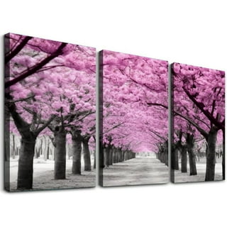 Looife Wall Art Canvas 24x36 Inch 3 Panels Yellow and Gray Stones Float on  The Sea With Pink Tree Painting Picture Giclee Prints Gallery Wrapped Ready