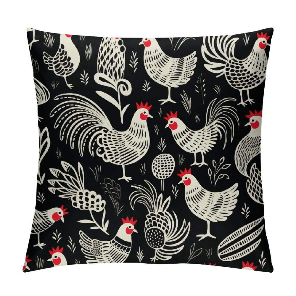 Chicken Rooster Pillow Cover Cocks and Hens Sketch Farm