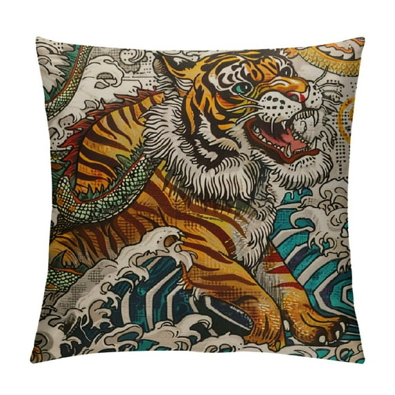 ONETECH Chinese Dragon and Tiger in The Landscape with Waterfall Throw Pillow Case Cushion Cover Home Office Decorative for Sofa Living Room Square