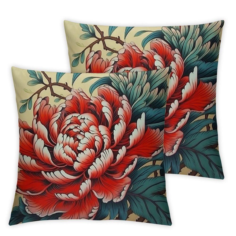 Chinoiserie Coral Peony Floral Lumbar Cushion Cover Peony Flower Teal Green and Red