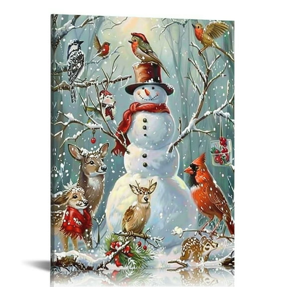ONETECH Christmas Canvas Wall Art Snowman Deer Cardinal Red Bird Christmas Decoration Picture for Wall - Winter Scene Painting Farmhouse Poster Living Room Home Decoration 12x16 in