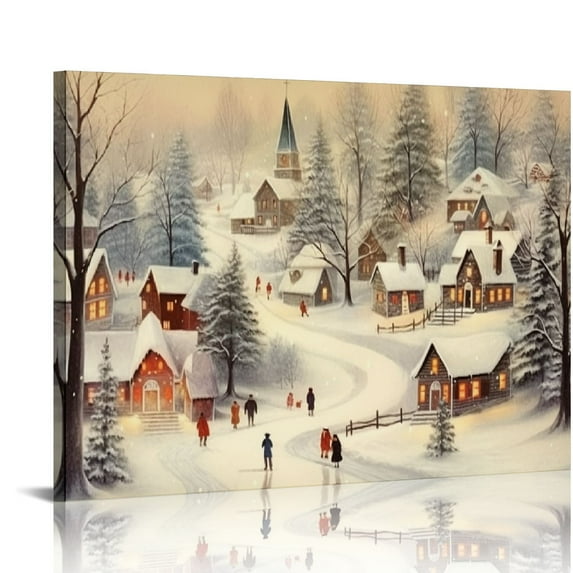 ONETECH Christmas Prints, Christmas Village Wall Art, Rustic Christmas Tree Pictures, Winter Snowy Canvas Artwork Christmas Snowscape Painting Festive Holiday Room Decor