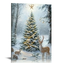 ONETECH Christmas Scene Canvas Wall Art Christmas Tree Reindeer Paintings Winter Snow Animal Picture Prints Holiday Decor 12x16 in