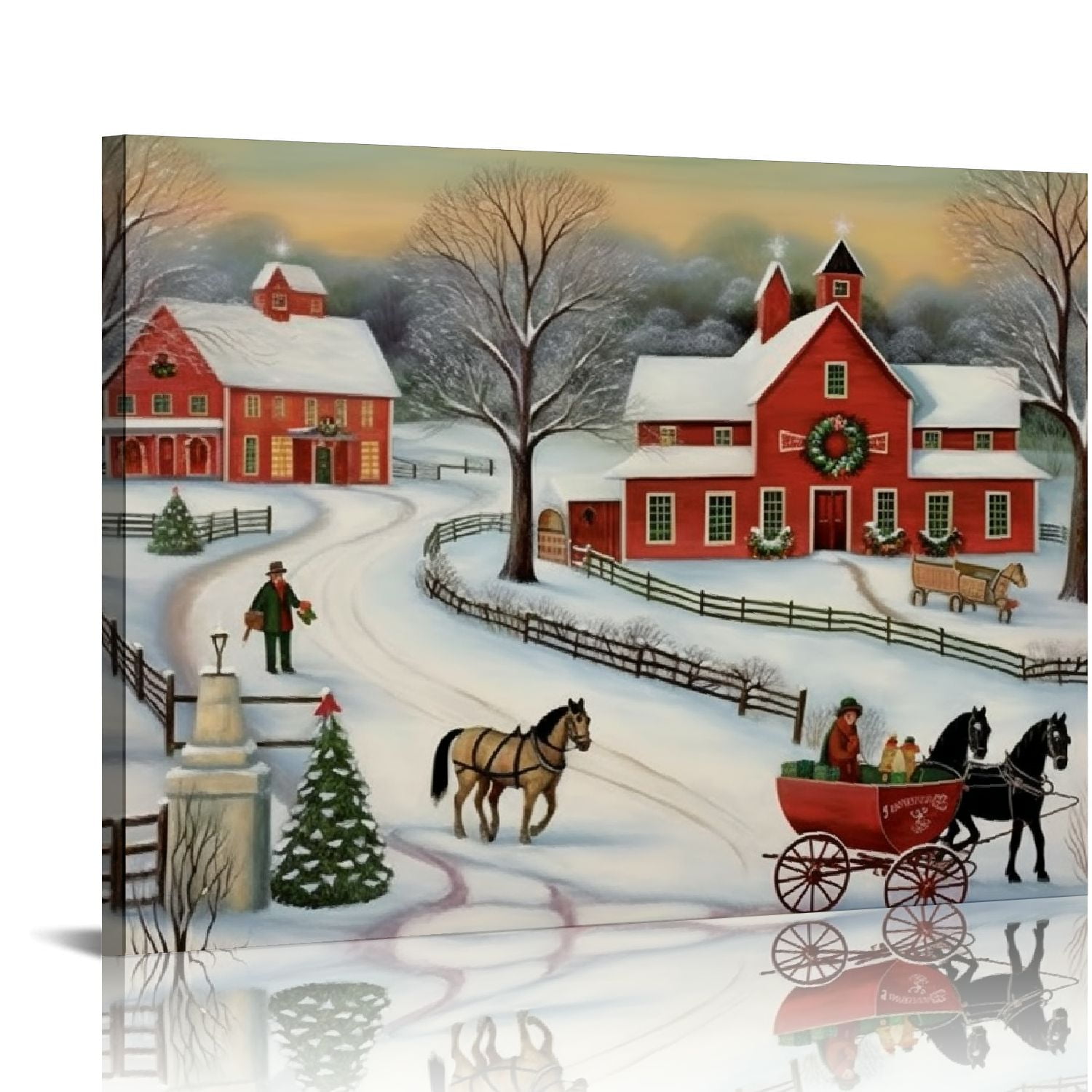 ONETECH Christmas Tree Farm Wall Art, Country Winter Scene with Red