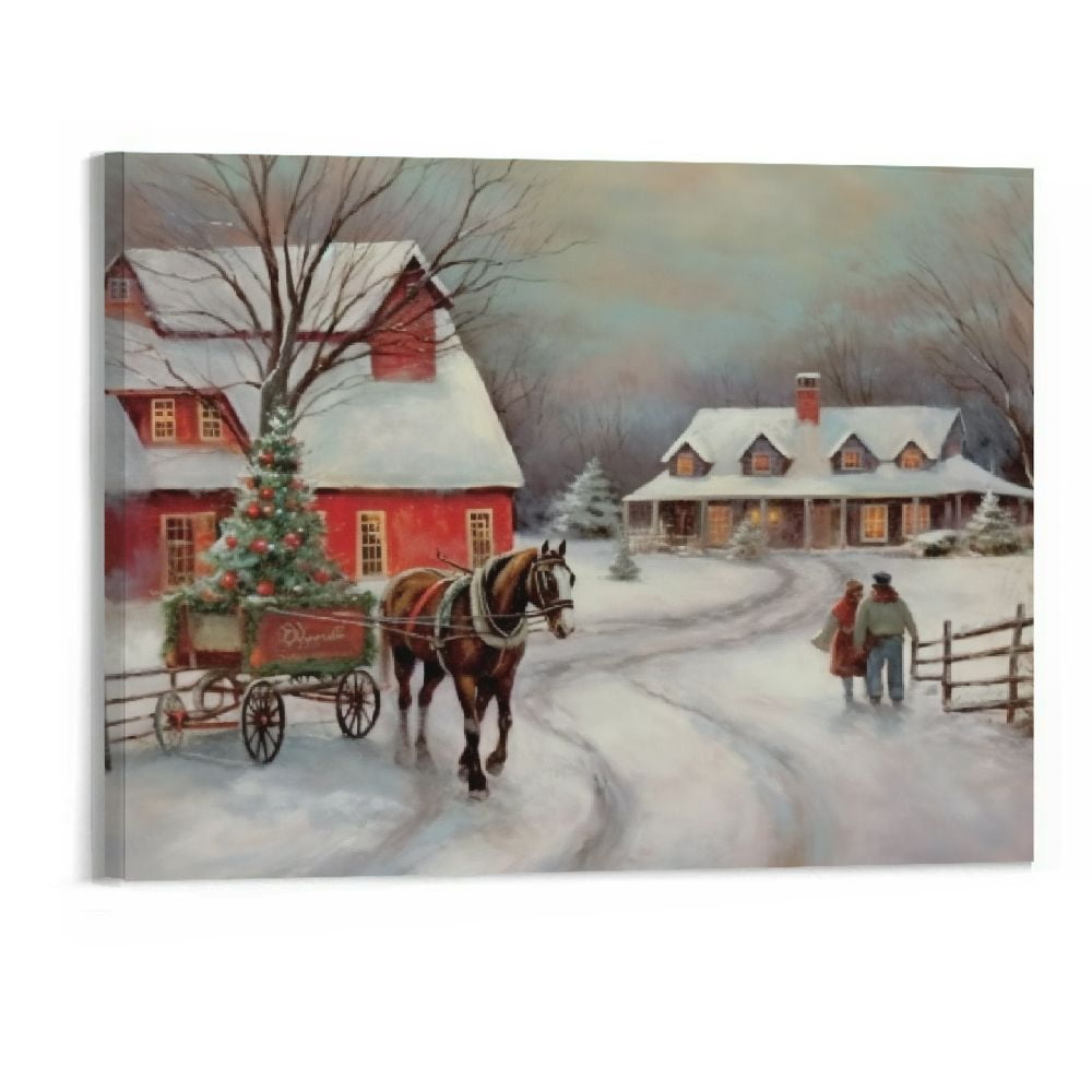 Christmas Tree Farm Wall Art, Country Winter Scene with Red Barn, Charming Decorations