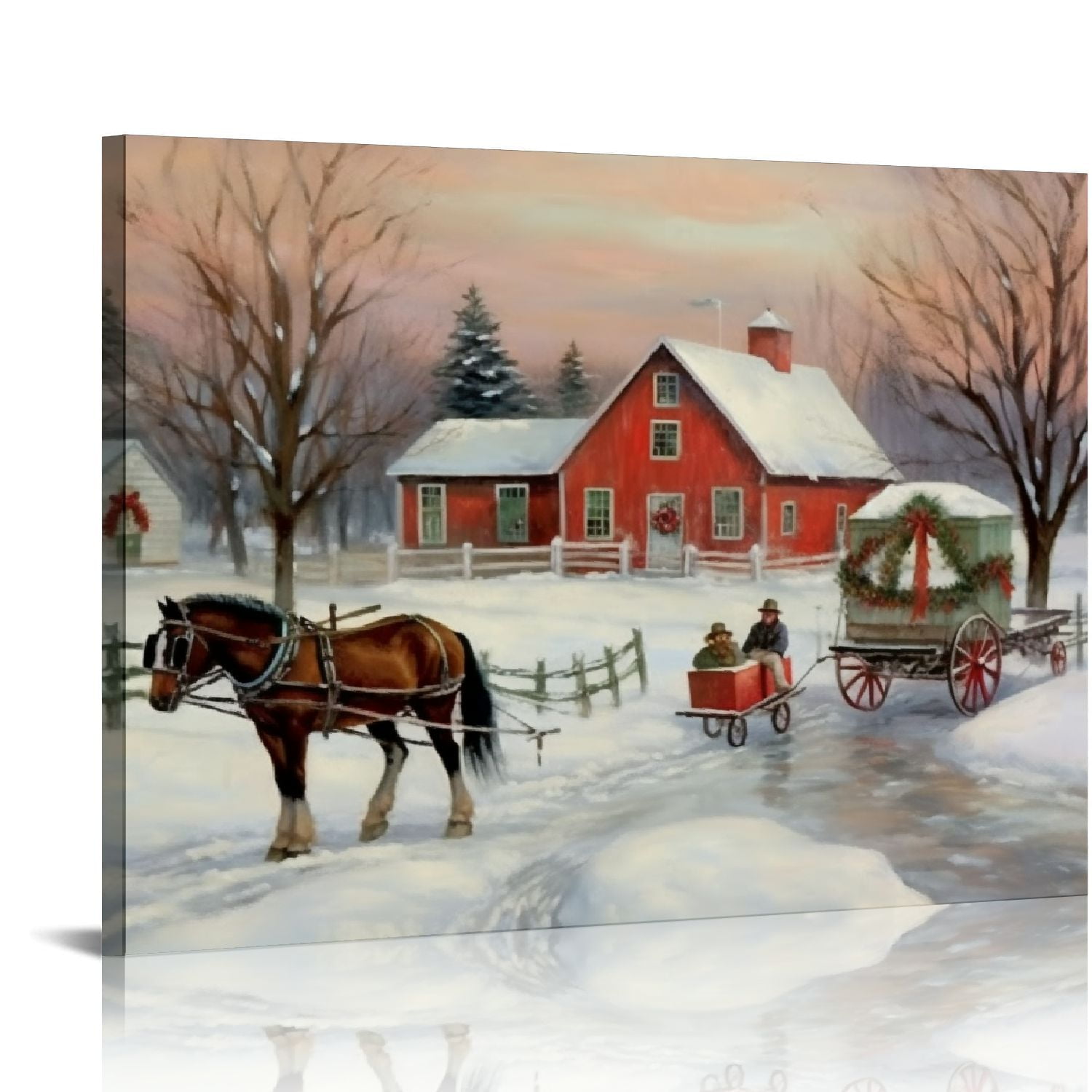 ONETECH Christmas Tree Farm Wall Art, Country Winter Scene with Red ...