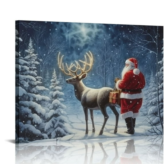 ONETECH Christmas Wall Art, Christmas Canvas Prints Wall Art, Christmas Santa Claus & Deer Picture Gift for Living Room Decor, Winter Snowscape Poster, Framed Artwork for Home Wall Art Decor