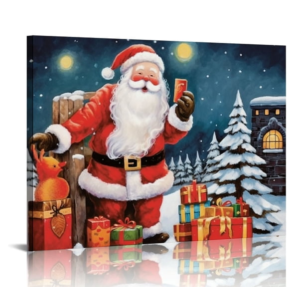 ONETECH Christmas Winter Canvas Wall Art with Wood Frames 20x16in Works Christmas Poster Prints Santa Hanging Wall Pictures Decoration for Holiday Living Room Bedroom Bathroom