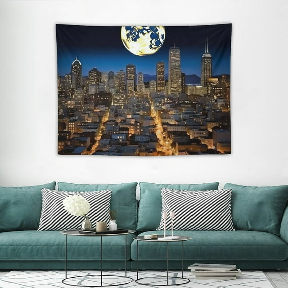 ONETECH City Night Tapestry Wall Hanging Fantasy Full Moon Night San Francisco Urban Skyline View Metropolis Skyscraper Modern City Wall Tapestry for Bedroom Living Room Dorm Home Decor