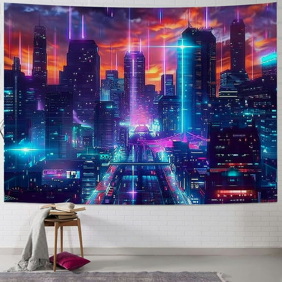 ONETECH City Street View Tapestry Music Wall Decoration Colorful Futuristic Punk Wall Hanging Wall Hanging Aesthetics Art Indoor And Outdoor Home Decoration 60x50inch