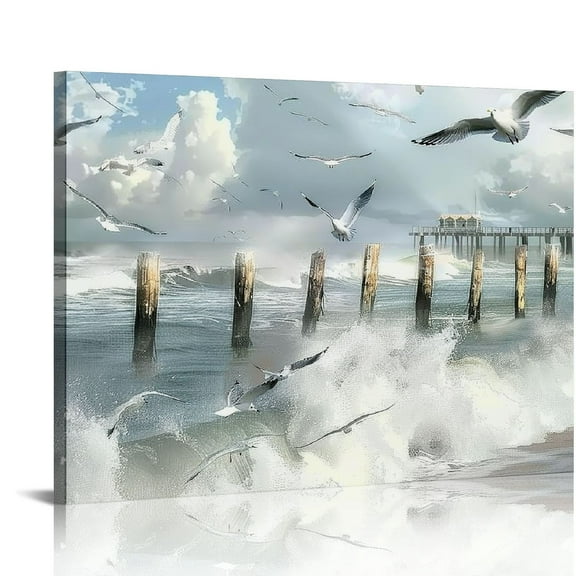 ONETECH Coastal Seagulls Canvas Wall Art Seascape Beach Seagull Pictures Wall Decor Abstract Ocean Canvas Prints Nautical  Framed Modern Home Artwork for Bathroom Bedroom Dining Room Office