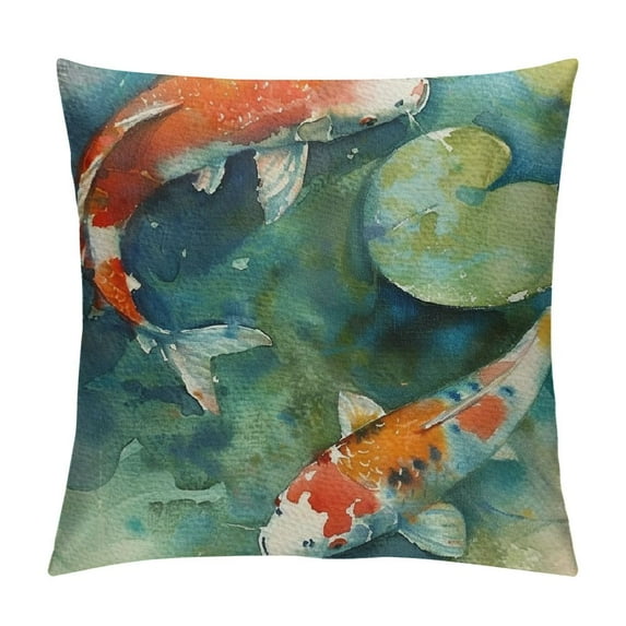 ONETECH Colorful Carp Fish Japanese Symbol Pond Watercolor Painting Orange Asian Rustic Farmhouse Decorative Throw Pillow Cover Square Cushion Case for Home Sofa Couch Decoration