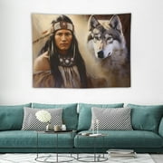 ONETECH  Colorful Tapestry, Blur Mystic Painting of Young Native Man Feather with Wolves, Wide Wall Hanging for Bedroom Living Room Dorm, 40x30, Cream Tan