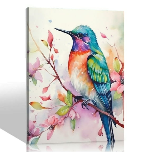 ONETECH Country Hummingbird Floral Wall Decor Colorful Flower Bird Pictures Wall Art Watercolor  Print Painting Framed Modern Home Artwork Decorations For Bedroom Kitchen Office 16x20in