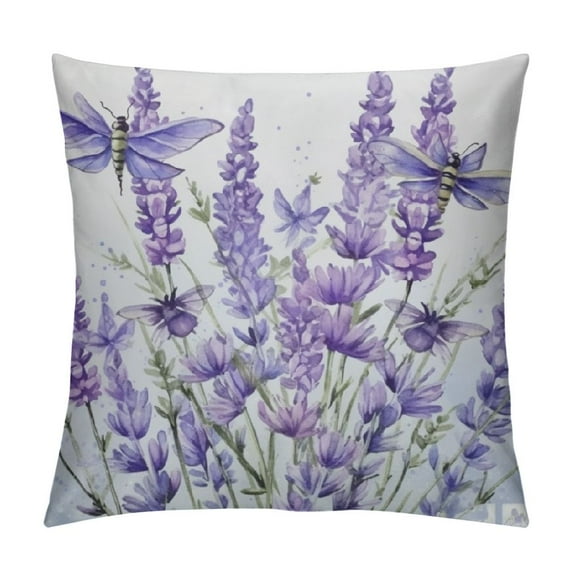 FUMJ Cozy Throw Pillow Covers Lavender Flower Pattern and Dragonfly Purple Square Throw Pillow Covers for Sofa Couch Decoration