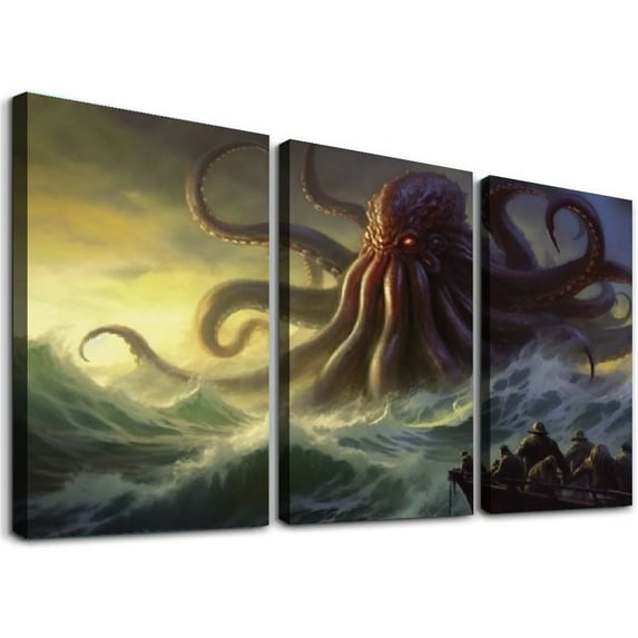 ONETECH Cthulhu And The Ninth Wave Poster Art Decor Painting Aesthetic Wall Art Canvas for Bedroom Decor 12''x16''X3 Panels-style
