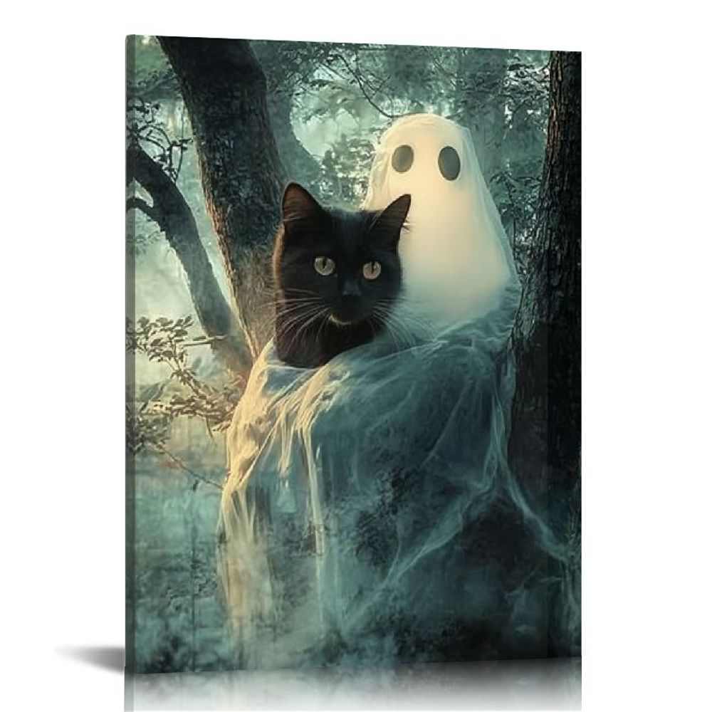 ONETECH Cute Black Cat And Ghost In The Forest Posters For Halloween ...