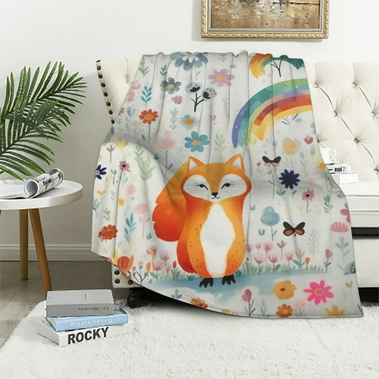 ONETECH Cute Fox Owl Throw Blanket Colorful Rainbow Stars Cloud Moon Print Blankets for Kids Girls Boys Room Decor Cartoon Animals Blanket Sweet Lovely Sherpa Blanket for Chair Sofa Walmart