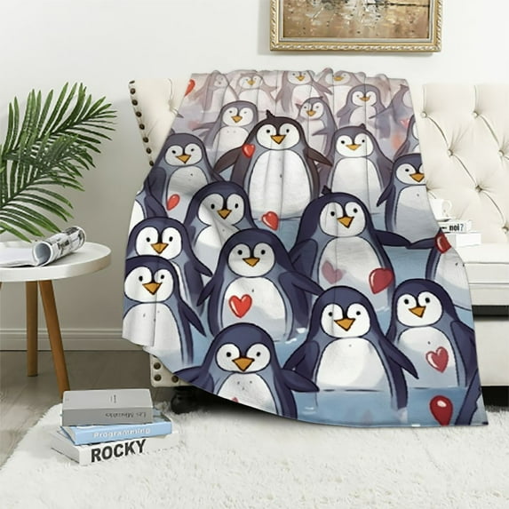 ONETECH Cute Penguin Greeting Flannel Blanket Super Soft Cozy Plush Blankets Lightweight Throw Blanket for Couch Sofa Bed