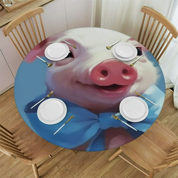 ONETECH Cute Pig with Blue Bow Tie Fitted Round Tablecloth Waterproof Table Cloth with Elastic Edge Wipe Clean Table Cover for Indoor Outdoor Fits Medium