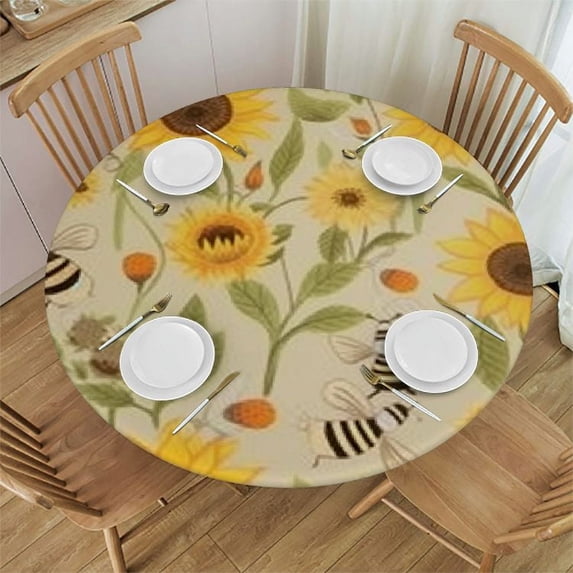 ONETECH Cute Spring Bee Round Table cover Washable Polyester Trim,Yellow Sunflower Kitchen Circle Table Cloth Cover Mat for Party Dinning Tabletop Wedding Home Decor