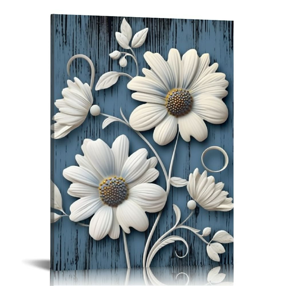 ONETECH Daisy Canvas Wall Art Rustic Blue White Flower Painting Picture ...