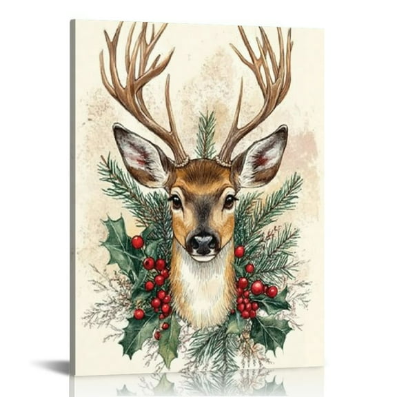 ONETECH Deer Canvas Prints Wall Art for Christmas Reindeer Pictures Funny Animal Paintings Winter Painting for Living Room Home Decor Gifts 16x20 in