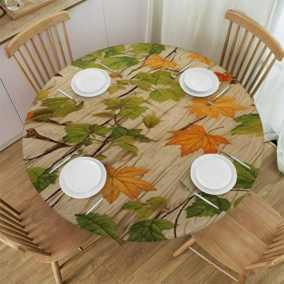 ONETECH Deluxe Elastic Edged Flannel Backed Fitted Table Cover - All-Over Leaves Pattern - Oblong/Oval - Fits Tables