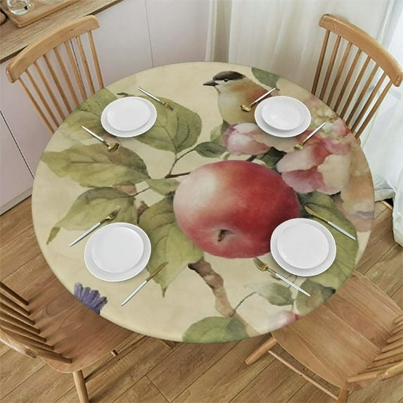 ONETECH Deluxe Elastic Edged Flannel Backed Vinyl Fitted Table Cover - Antique Fruit Pattern - Small Round