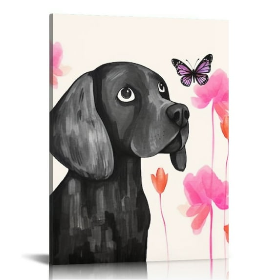FUMJ Dog Animal Wall Art for Nursery Room Butterfly on Dog Nose Kids Bed Room Wall Decor Black and White Puppy Prints Picture for Pet Shop