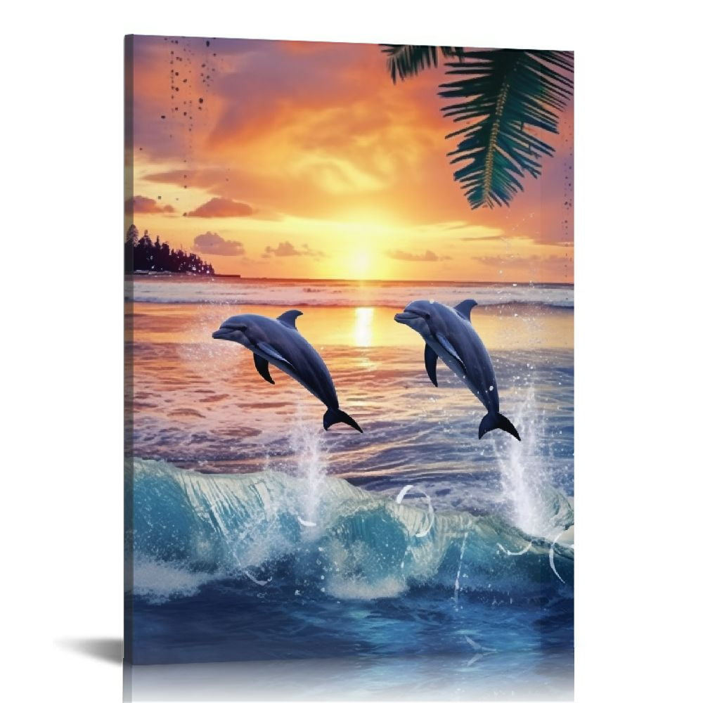 ONETECH Dolphin Bathroom Wall Art Coastal Beach Ocean Pictures Wall Decor Inhale Exhale Bathroom Palm Canvas Prints Framed Modern Painting Artwork for Bedroom Living Room Office