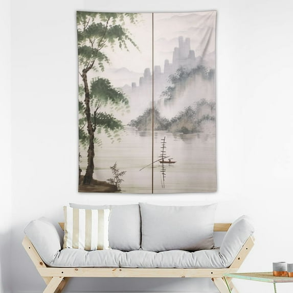 ONETECH Doorway Curtain Tapestry Chinese Ink Painting Bamboo Leaves Tree Pattern Japanese Noren Curtain Fabric Linen for Kitchen Home Decoration Without Tension Rod