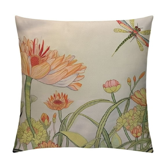 ONETECH Dragonfly Throw Pillow Cushion Cover, Lotus Flower Field with Dragonfly Flying Oriental Blooms Print, Decorative Square Accent Pillow Case,Cream Peach Coral