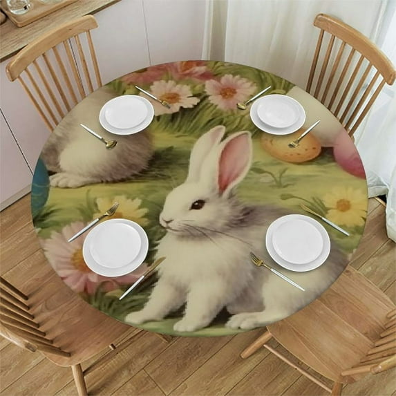 ONETECH Easter Bunny Round Tablecloth, Cute Rabbit Easter Eggs Hunt Circular Table Cloth, Spring Tulip Flowers Vintage Table Cover for Dining Kitchen Party Holiday Farmhouse Decor