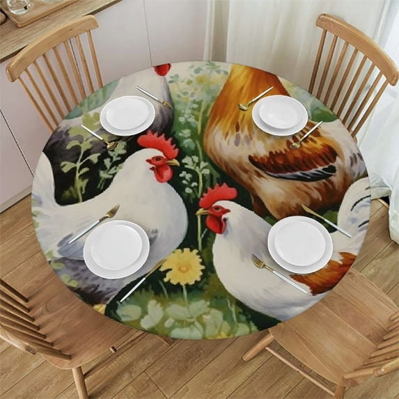 ONETECH Elastic Edged Round Tablecloth Chicken and Rooster in The Grass Polyester Washable Table Cover Kitchen Restaurant Party Decoration No1447 Tablecloth