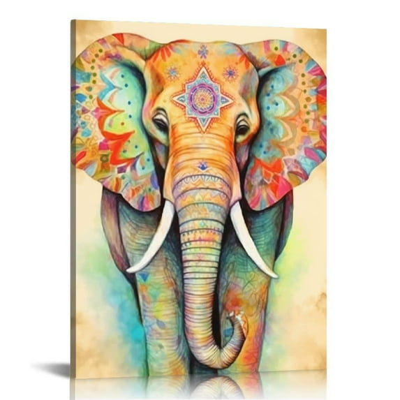 ONETECH Elephant Wall Decor, Animal Wall Art on Canvas, Boho Bedroom Decor Bohemian Bathroom Wall Decor Mandala Wildlife Paintings Living Room Artwork Home Decorations