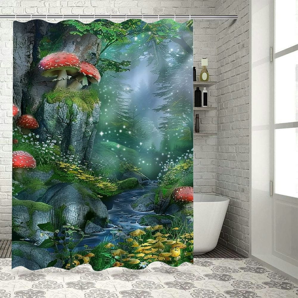Enchanted Forest Shower Curtain Fantasy Green Jungle Mushroom