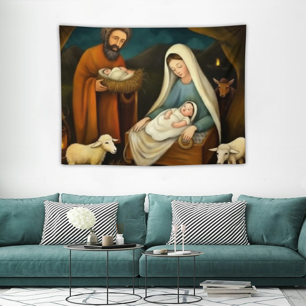 Fabric Nativity Scene Tapestry Wall Hanging Jesus Birth Christian Wall Tapestry Manger