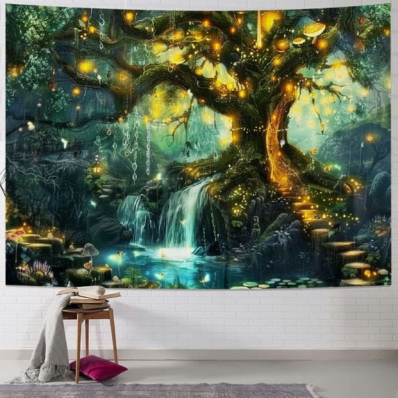 ONETECH Fairy Tales Magical Forest Tapestry, Nature Tree of Life with Elves Landscape Tapestry Wall Hanging for Living Room BedRoom Decoration Green