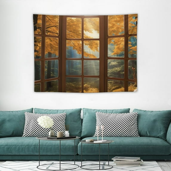 ONETECH Fall Forest Tapestry Wall Hanging, Brown Maple Tree with Glow Sunshine Outside the Window Tapestry, Vintage Nature Landscape Tapestry for Living Room  Aesthetic Decor, 40x30 Inches