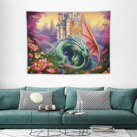 ONETECH Fantasy Castle Dragon Tapestry Fairytale Forest Tree Wildflower Butterfly Tapesties Wall Hanging for Living Room Bedroom Decoration