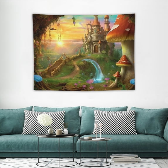 ONETECH  Fantasy Castle Tapestry Eager Forest Mushroom Butterfly Big Tree Fairy Tale World Wall Hanging Aesthetics Art Fantasy Tapestry Indoor And Outdoor Home Decoration