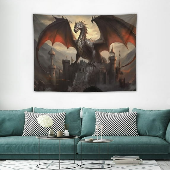ONETECH Fantasy Tapestry, Gothic Dragon on Castle Wall Tapestry, Magical Landscape Tapestry Wall Hanging for Bedroom Living Room Dorm